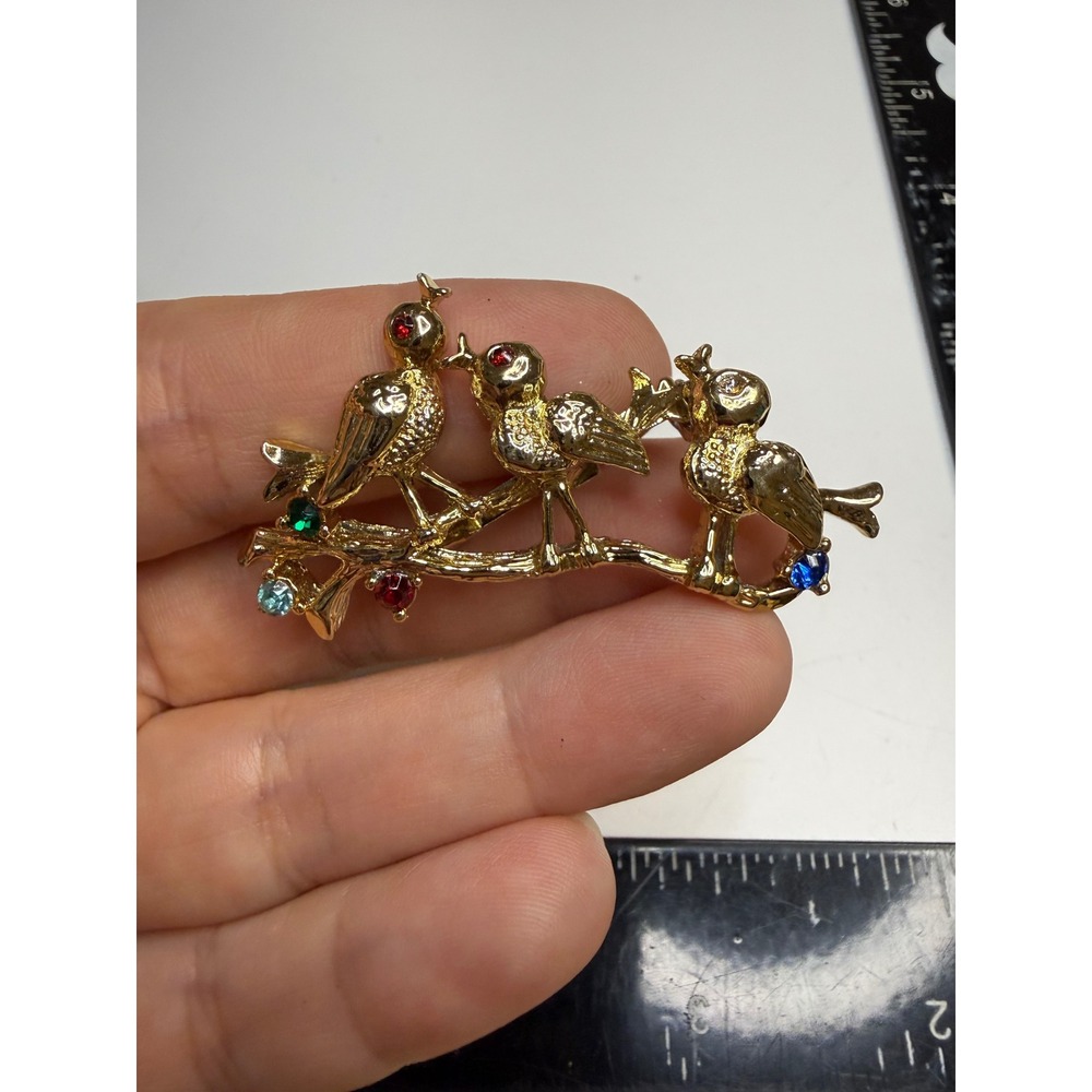 Gerrys Birds on Branch Brooch Gold Tone Multi Rhinestone Figural Pin